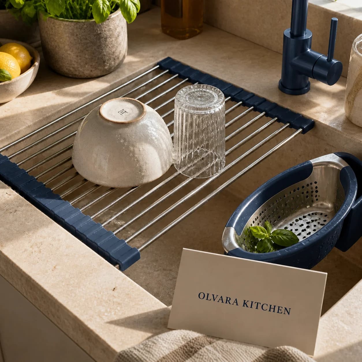 Compact Olvara drying tools used beside a sink
